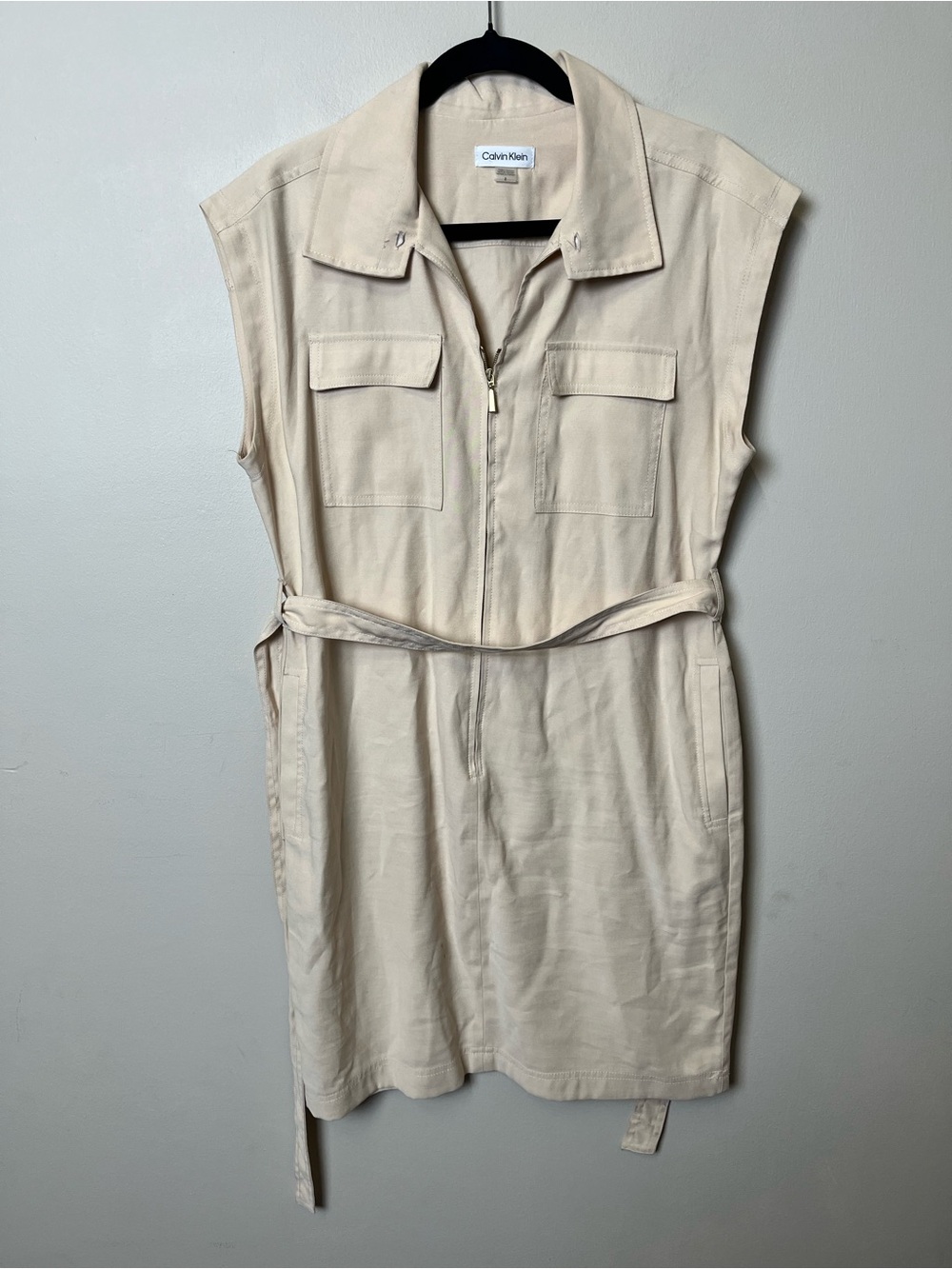 Calvin Klein Beige Sleeveless Zip Shirtdress with Waist Tie